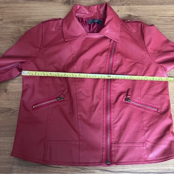 Women's Faux Leather Red Moto Jacket - Picture 3 of 9